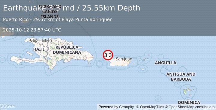 Earthquake 33 km NW of San Antonio, Puerto Rico (3.3 md) (2025-10-12 23:57:40 UTC)