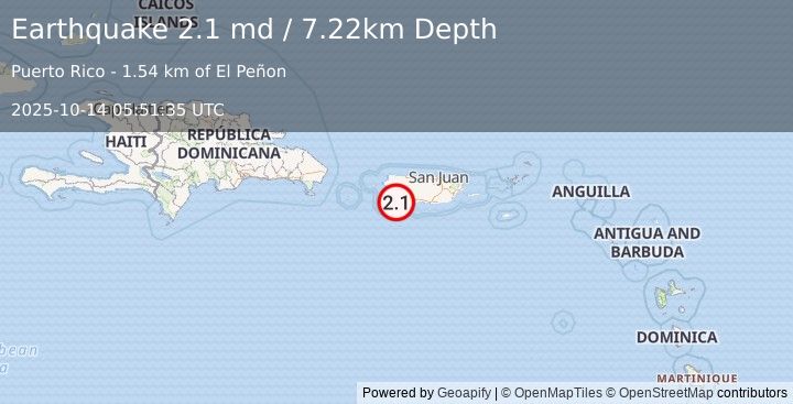 Earthquake 4 km W of Fuig, Puerto Rico (2.1 md) (2025-10-14 05:51:35 UTC)