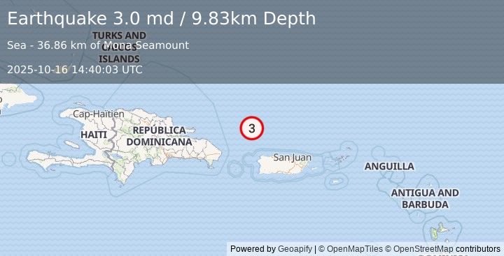 Earthquake 97 km NNW of San Antonio, Puerto Rico (3.0 md) (2025-10-16 14:40:03 UTC)