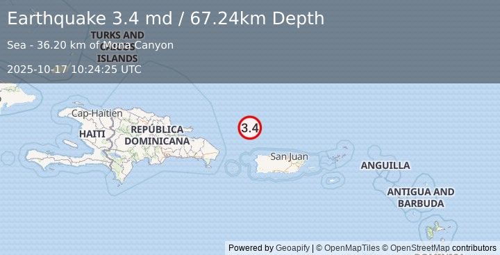 Earthquake 96 km NNW of San Antonio, Puerto Rico (3.4 md) (2025-10-17 10:24:25 UTC)
