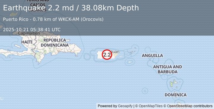 Earthquake 5 km NW of Orocovis, Puerto Rico (2.2 md) (2025-10-21 05:38:41 UTC)