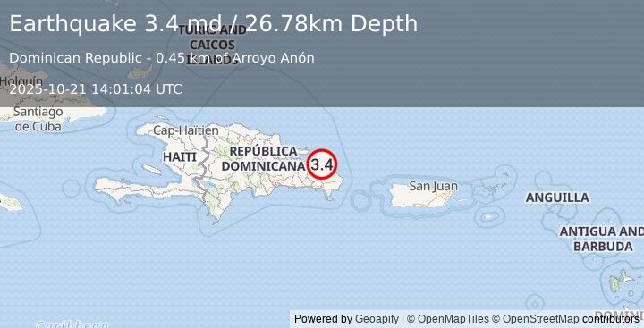 Earthquake 20 km E of Miches, Dominican Republic (3.4 md) (2025-10-21 14:01:04 UTC)