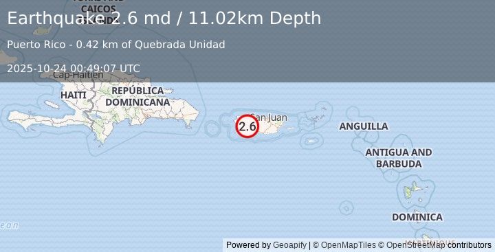 Earthquake 7 km WNW of Adjuntas, Puerto Rico (2.6 md) (2025-10-24 00:49:07 UTC)