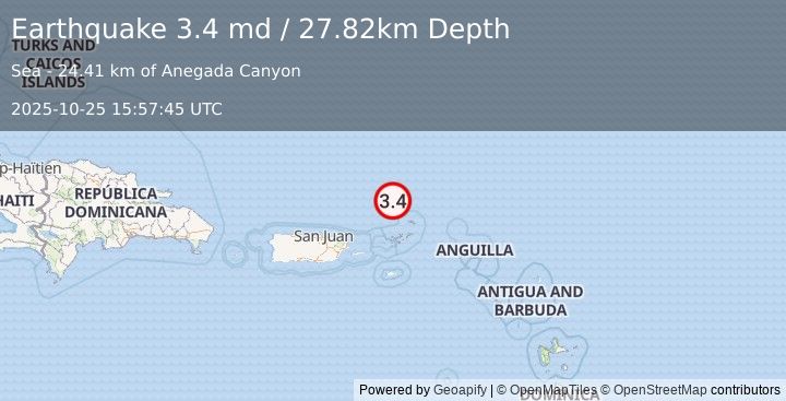 Earthquake 89 km N of Cruz Bay, U.S. Virgin Islands (3.4 md) (2025-10-25 15:57:45 UTC)