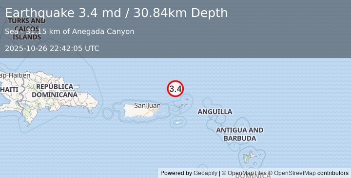 Earthquake 91 km N of Charlotte Amalie, U.S. Virgin Islands (3.4 md) (2025-10-26 22:42:05 UTC)