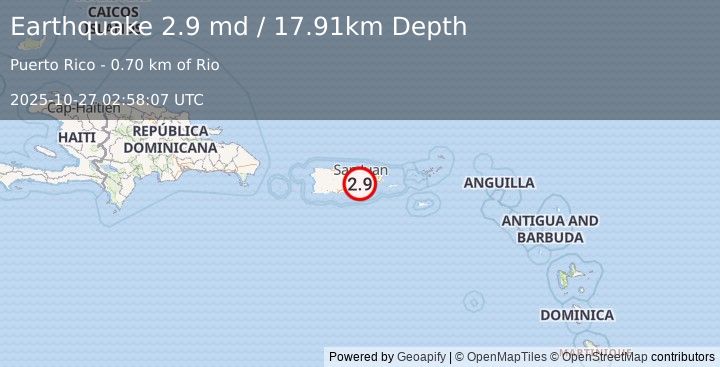Earthquake 1 km WSW of Bayamon, Puerto Rico (2.9 md) (2025-10-27 02:58:07 UTC)
