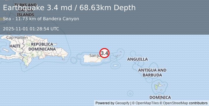 Earthquake 32 km NNE of Luquillo, Puerto Rico (3.4 md) (2025-11-01 01:28:54 UTC)