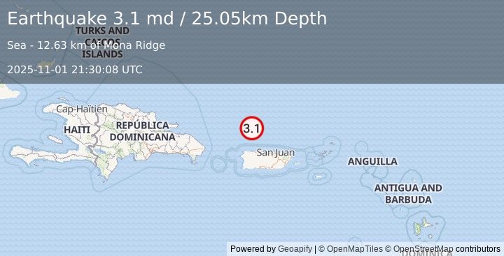 Earthquake 77 km N of Hatillo, Puerto Rico (3.1 md) (2025-11-01 21:30:08 UTC)