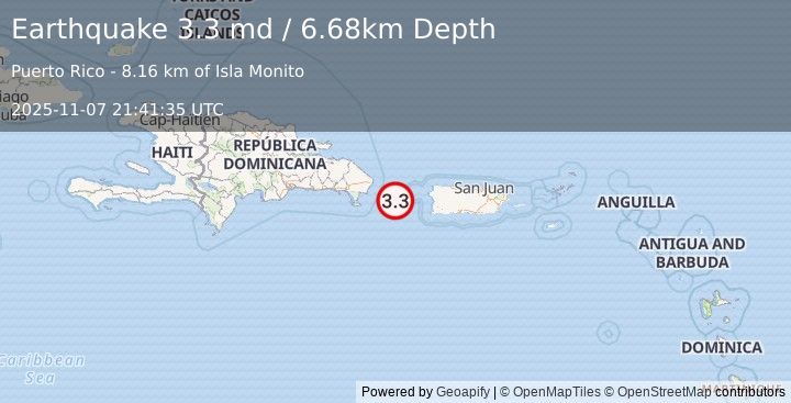 Earthquake 68 km WSW of Stella, Puerto Rico (3.3 md) (2025-11-07 21:41:35 UTC)