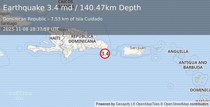 Earthquake 37 km S of Boca de Yuma, Dominican Republic (3.4 md) (2025-11-08 18:37:58 UTC)