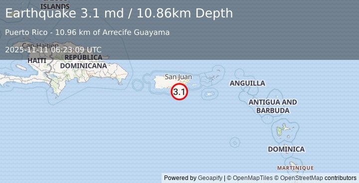 Earthquake 13 km S of Arroyo, Puerto Rico (3.1 md) (2025-11-11 06:23:09 UTC)