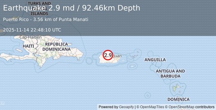 Earthquake 7 km NNW of Tierras Nuevas Poniente, Puerto Rico (2.9 md) (2025-11-14 22:48:10 UTC)