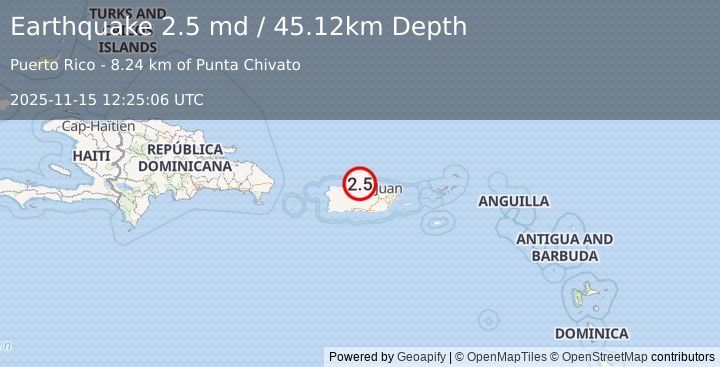 Earthquake 11 km NNE of Tierras Nuevas Poniente, Puerto Rico (2.5 md) (2025-11-15 12:25:06 UTC)