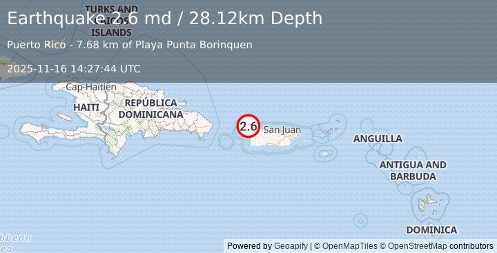 Earthquake 11 km NW of San Antonio, Puerto Rico (2.6 md) (2025-11-16 14:27:44 UTC)