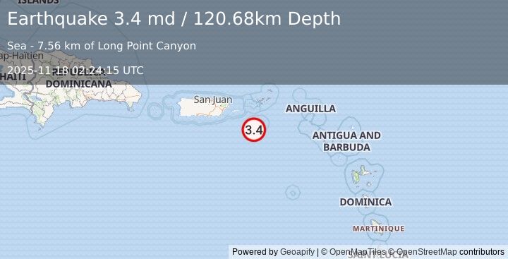Earthquake 20 km SSW of Saint Croix, U.S. Virgin Islands (3.4 md) (2025-11-18 02:24:15 UTC)