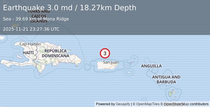 Earthquake 68 km N of Tierras Nuevas Poniente, Puerto Rico (3.0 md) (2025-11-21 23:27:36 UTC)