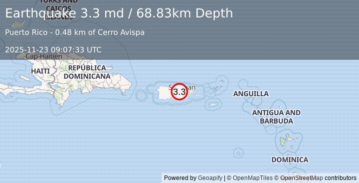 Earthquake 3 km SE of Naranjito, Puerto Rico (3.3 md) (2025-11-23 09:07:33 UTC)