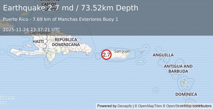 Earthquake 11 km SSW of Stella, Puerto Rico (2.7 md) (2025-11-24 23:37:21 UTC)