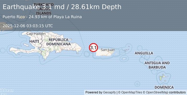 Earthquake 29 km WNW of San Antonio, Puerto Rico (3.1 md) (2025-12-06 03:03:15 UTC)