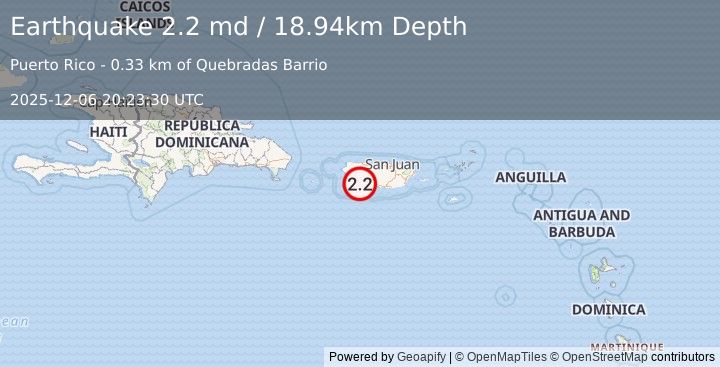 Earthquake 3 km NE of Yauco, Puerto Rico (2.2 md) (2025-12-06 20:23:30 UTC)