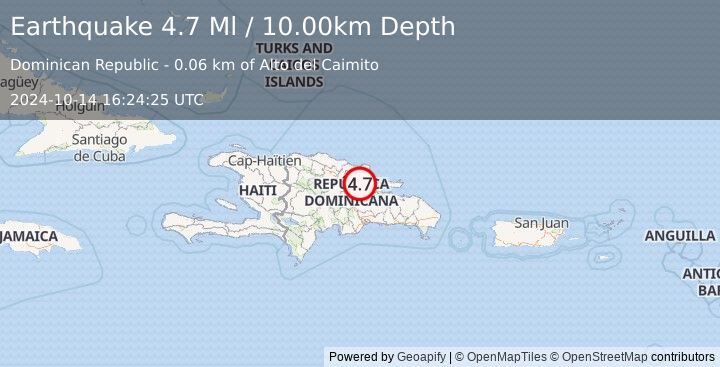 Earthquake 10 km N of Pimentel, Dominican Republic (4.7 Ml) (2024-10-14 16:24:25 UTC)