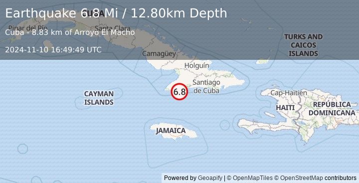 Earthquake 40 km S of Bartolomé Masó, Cuba (6.8 Mi) (2024-11-10 16:49:49 UTC)