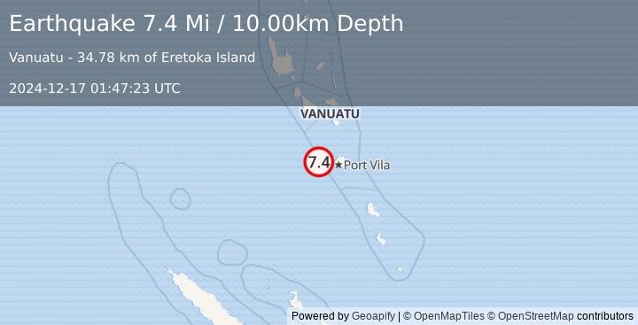 Earthquake 51 km W of Port-Vila, Vanuatu (7.4 Mi) (2024-12-17 01:47:23 UTC)