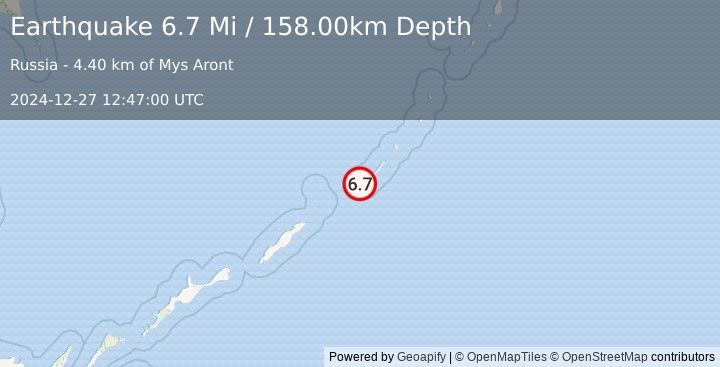 Earthquake Kuril Islands (6.7 Mi) (2024-12-27 12:47:00 UTC)