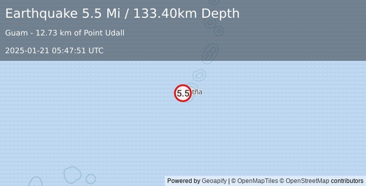 Earthquake 17 km WNW of Agat Village, Guam (5.5 Mi) (2025-01-21 05:47:51 UTC)