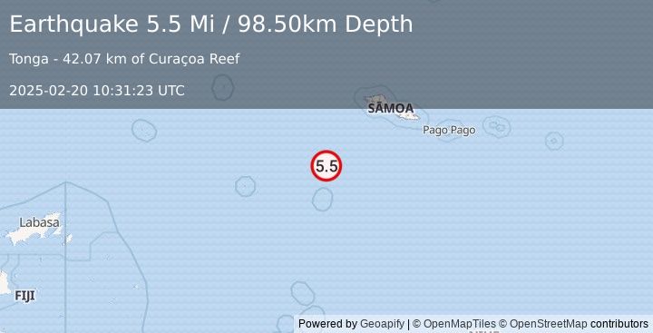 Earthquake 90 km N of Hihifo, Tonga (5.5 Mi) (2025-02-20 10:31:23 UTC)