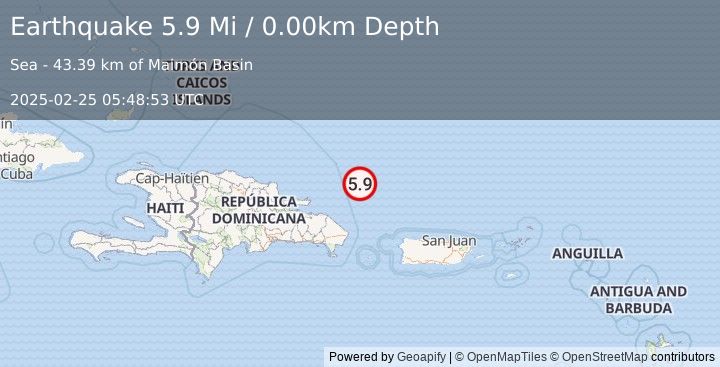 Earthquake 122 km NNE of Punta Cana, Dominican Republic (5.9 Mi) (2025-02-25 05:48:53 UTC)