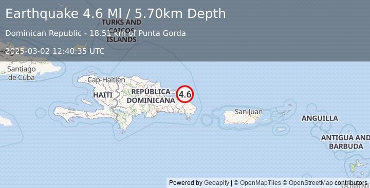 Earthquake 30 km NE of Miches, Dominican Republic (4.6 Ml) (2025-03-02 12:40:35 UTC)