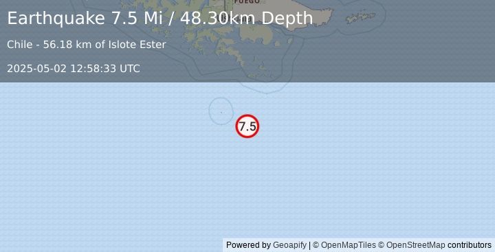 Earthquake 217 km S of Ushuaia, Argentina (7.5 Mi) (2025-05-02 12:58:33 UTC)
