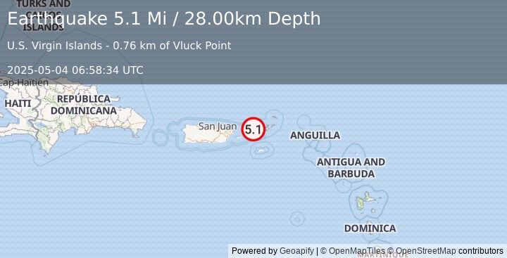 Earthquake 7 km WNW of Charlotte Amalie, U.S. Virgin Islands (5.1 Mi) (2025-05-04 06:58:34 UTC)