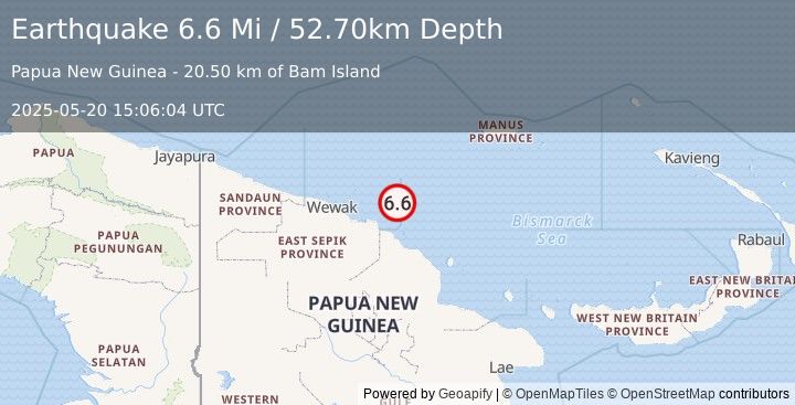 Earthquake 116 km NE of Angoram, Papua New Guinea (6.6 Mi) (2025-05-20 15:06:04 UTC)