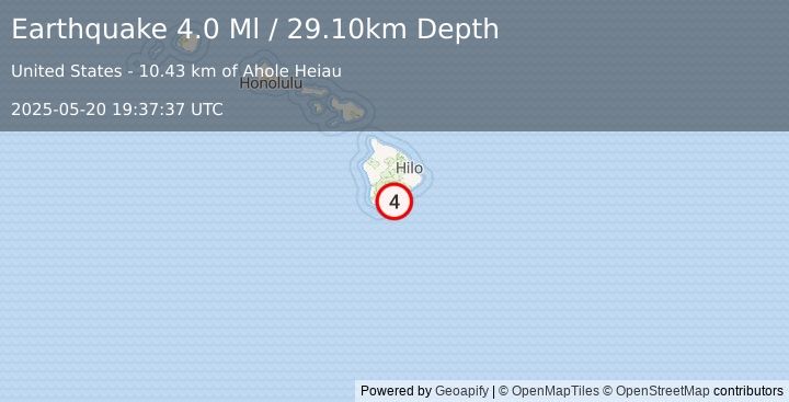 Earthquake 18 km SE of Pāhala, Hawaii (4.0 Ml) (2025-05-20 19:37:37 UTC)