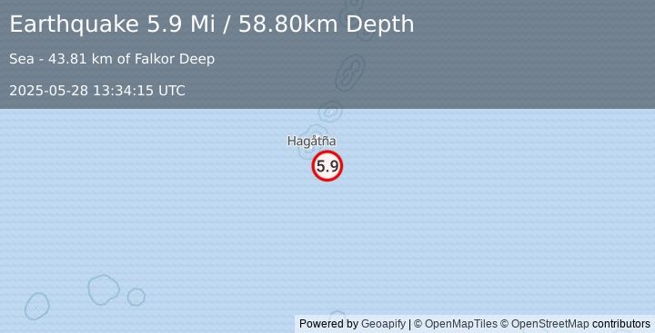 Earthquake 61 km SE of Inarajan Village, Guam (5.9 Mi) (2025-05-28 13:34:15 UTC)