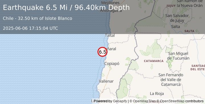 Earthquake 102 km WSW of Diego de Almagro, Chile (6.5 Mi) (2025-06-06 17:15:04 UTC)