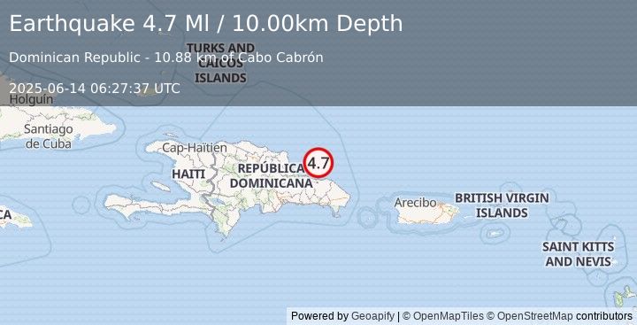 Earthquake 31 km NE of Samaná, Dominican Republic (4.7 Ml) (2025-06-14 06:27:37 UTC)