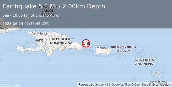 Earthquake 51 km NE of Punta Cana, Dominican Republic (5.8 Mi) (2025-06-24 02:45:45 UTC)