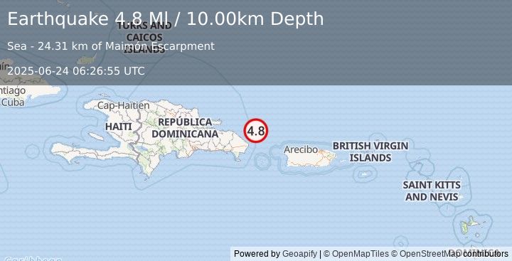 Earthquake 57 km NNE of Punta Cana, Dominican Republic (4.8 Ml) (2025-06-24 06:26:55 UTC)