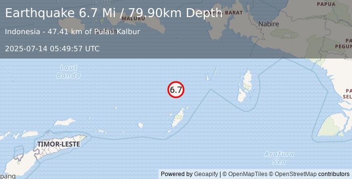 Earthquake 173 km WSW of Tual, Indonesia (6.7 Mi) (2025-07-14 05:49:57 UTC)