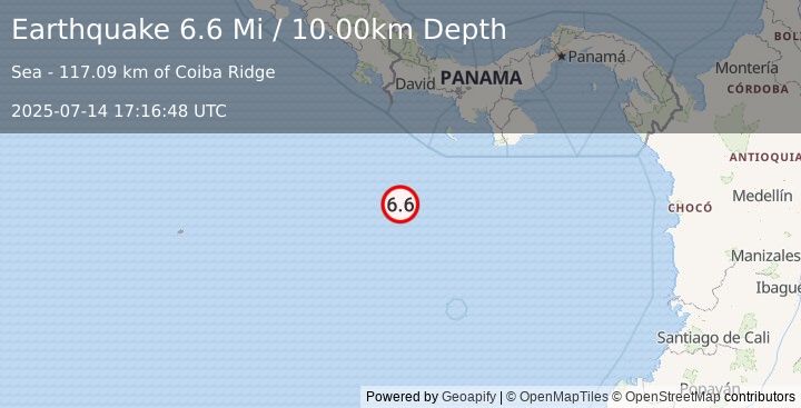 Earthquake 217 km S of Burica, Panama (6.6 Mi) (2025-07-14 17:16:48 UTC)