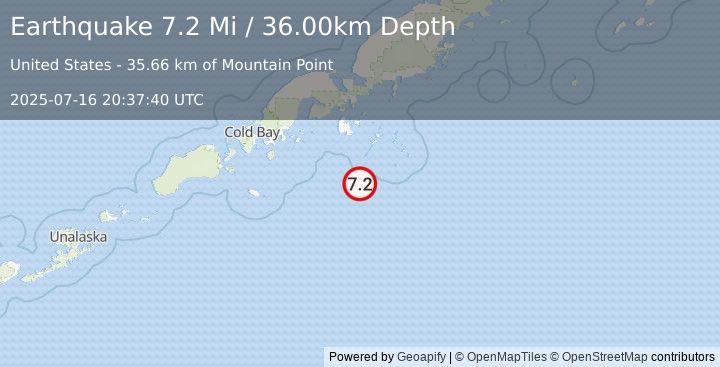 Earthquake 87 km S of Sand Point, Alaska (7.2 Mi) (2025-07-16 20:37:40 UTC)