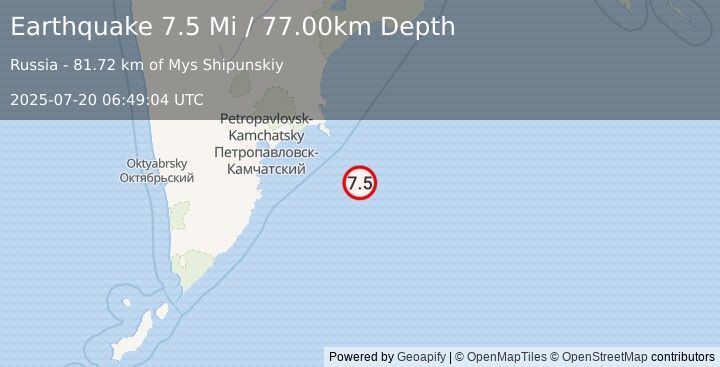 Earthquake 154 km ESE of Petropavlovsk-Kamchatsky, Russia (7.5 Mi) (2025-07-20 06:49:04 UTC)