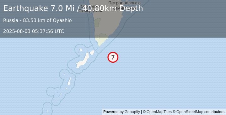 Earthquake 121 km E of Severo-Kuril’sk, Russia (7.0 Mi) (2025-08-03 05:37:56 UTC)