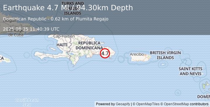 Earthquake 7 km ESE of Ramón Santana, Dominican Republic (4.7 Ml) (2025-08-25 11:40:39 UTC)