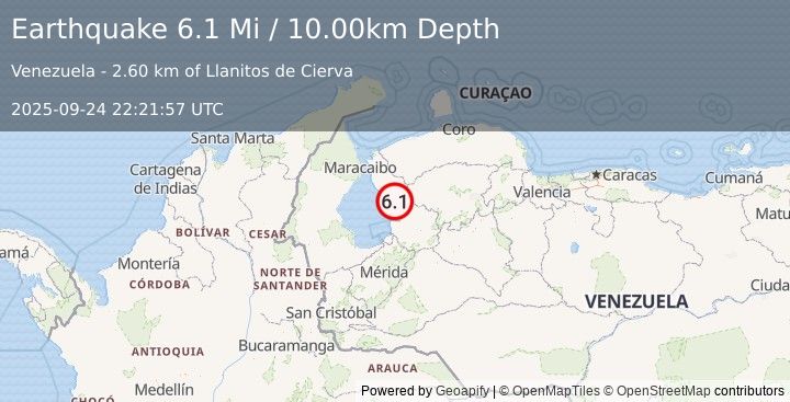 Earthquake 15 km N of Mene Grande, Venezuela (6.1 Mi) (2025-09-24 22:21:57 UTC)