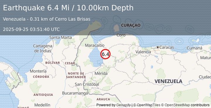 Earthquake 20 km NNE of Mene Grande, Venezuela (6.4 Mi) (2025-09-25 03:51:40 UTC)