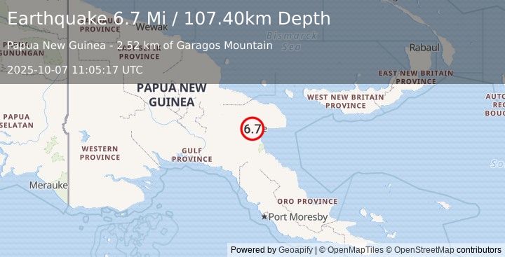 Earthquake 23 km W of Lae, Papua New Guinea (6.7 Mi) (2025-10-07 11:05:17 UTC)
